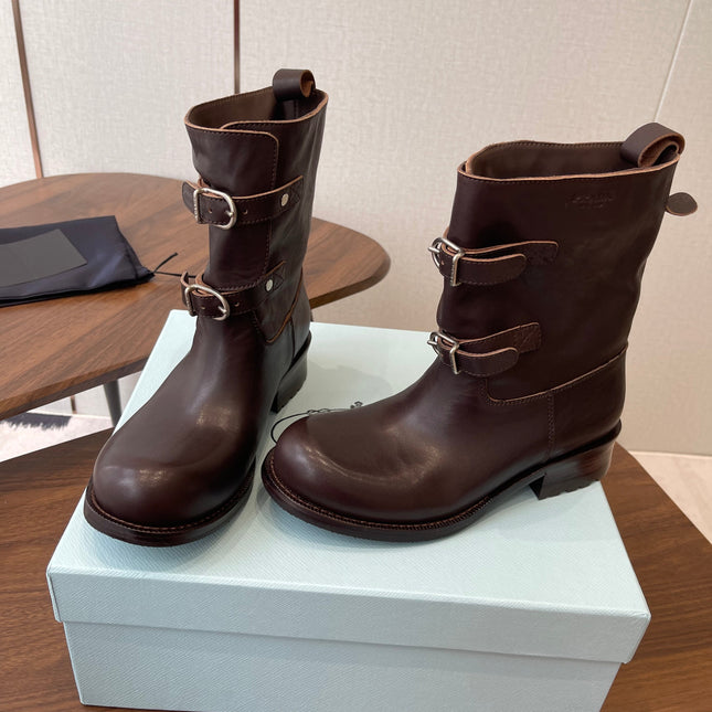 PRADA 25S TWO-BUTTON COWBOY BOOTS IN DARK BROWN CALFSKIN WITH SILVER HARDWARE