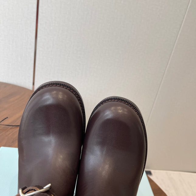 PRADA 25S TWO-BUTTON COWBOY BOOTS IN DARK BROWN CALFSKIN WITH SILVER HARDWARE