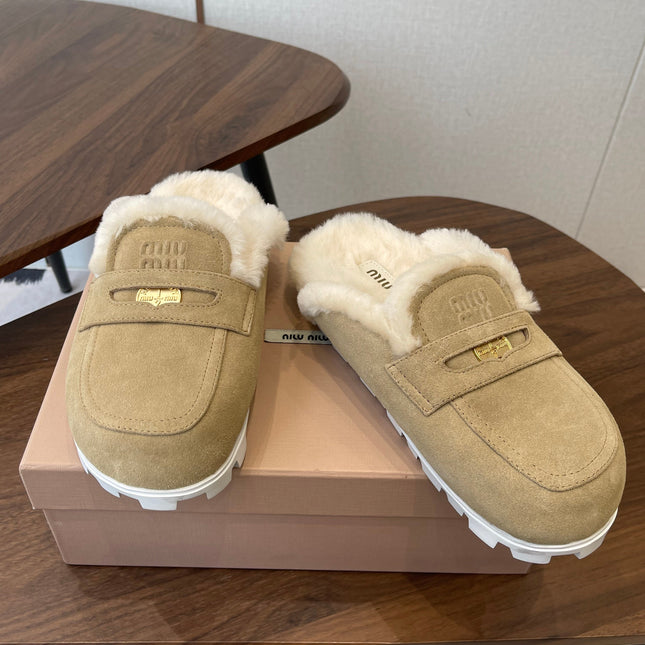 MIUMIU 25S MULES SLIPPERS SHEEPWOOL IN LIGHT BROWN SUEDE