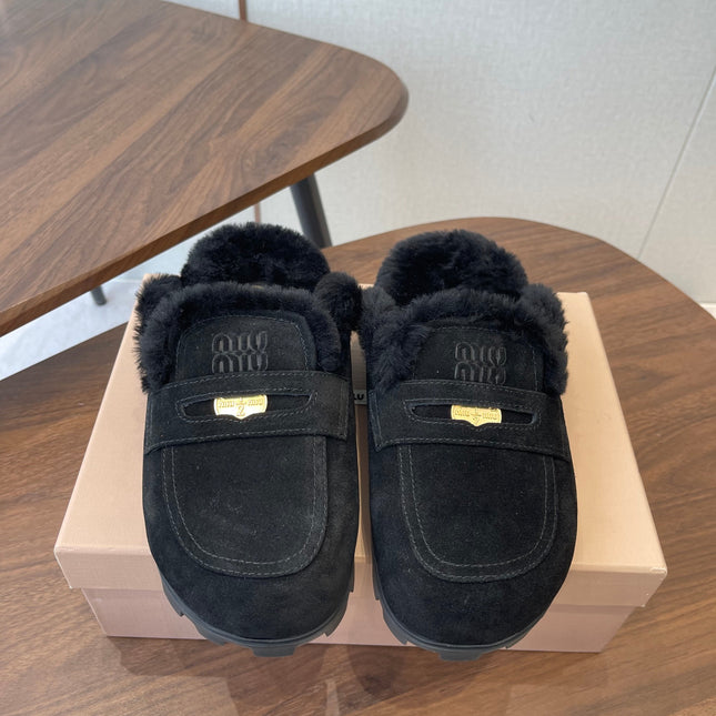 MIUMIU 25S MULES SLIPPERS SHEEPWOOL IN BLACK SUEDE