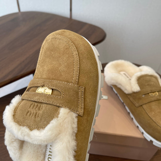 MIUMIU 25S MULES SLIPPERS SHEEPWOOL IN BROWN SUEDE