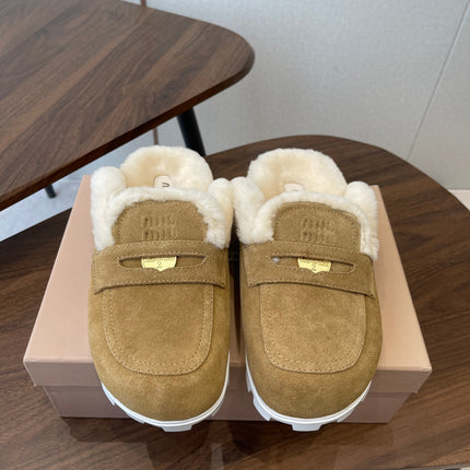 MIUMIU 25S MULES SLIPPERS SHEEPWOOL IN BROWN SUEDE