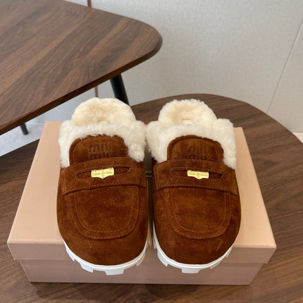 MIUMIU 25S MULES SLIPPERS SHEEPWOOL IN DARK BROWN SUEDE