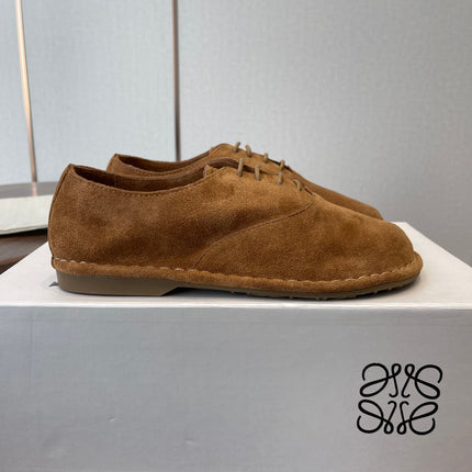 LOEWE 26S FOLIO DERBY SHOES IN DARK BROWN SUEDE