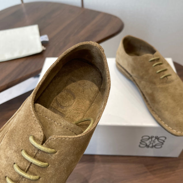 LOEWE 26S FOLIO DERBY SHOES IN LIGHT BROWN SUEDE