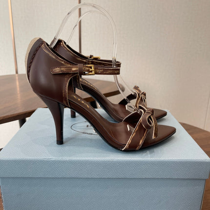 PRADA 26S HIGH HEEL SANDALS 85MM IN CHOCOLATE BROWN CALFSKIN WITH BOW