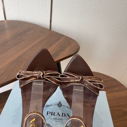 PRADA 26S HIGH HEEL SANDALS 85MM IN CHOCOLATE BROWN CALFSKIN WITH BOW