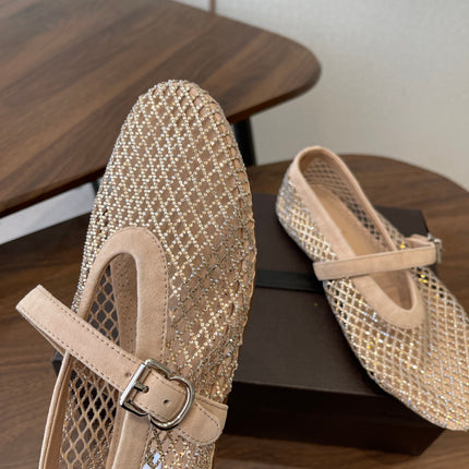 ALAIA 26S MESH FLATS IN BEIGE SUEDE RHINESTONE-EMBELLISHED