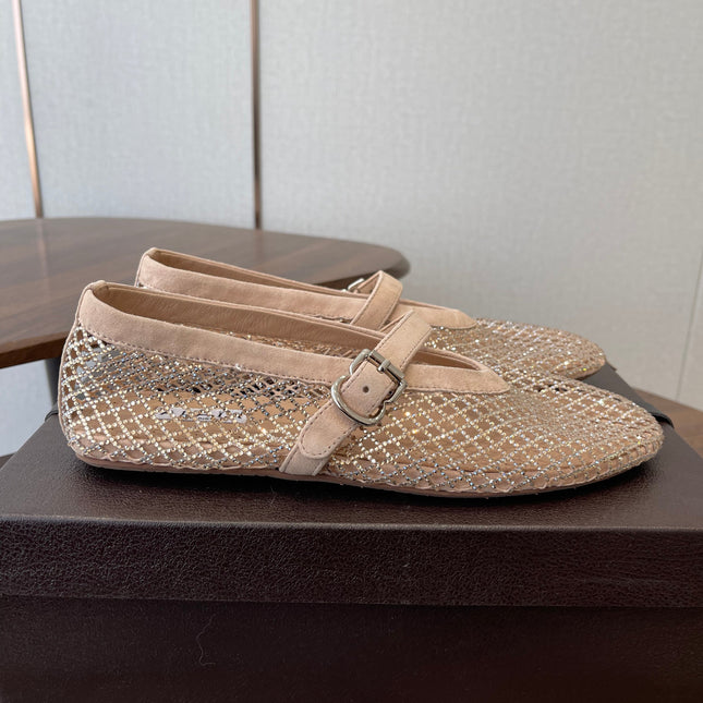 ALAIA 26S MESH FLATS IN BEIGE SUEDE RHINESTONE-EMBELLISHED