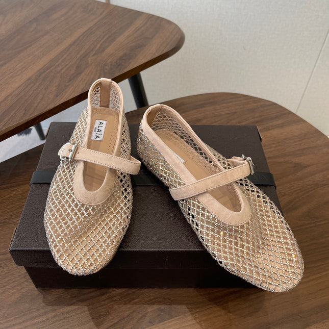 ALAIA 26S MESH FLATS IN BEIGE SUEDE RHINESTONE-EMBELLISHED