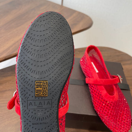 ALAIA 26S MESH FLATS IN RED SUEDE RHINESTONE-EMBELLISHED