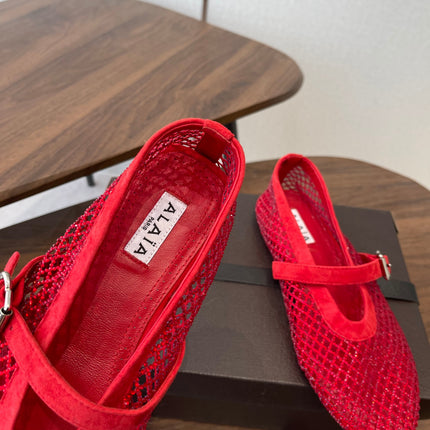 ALAIA 26S MESH FLATS IN RED SUEDE RHINESTONE-EMBELLISHED