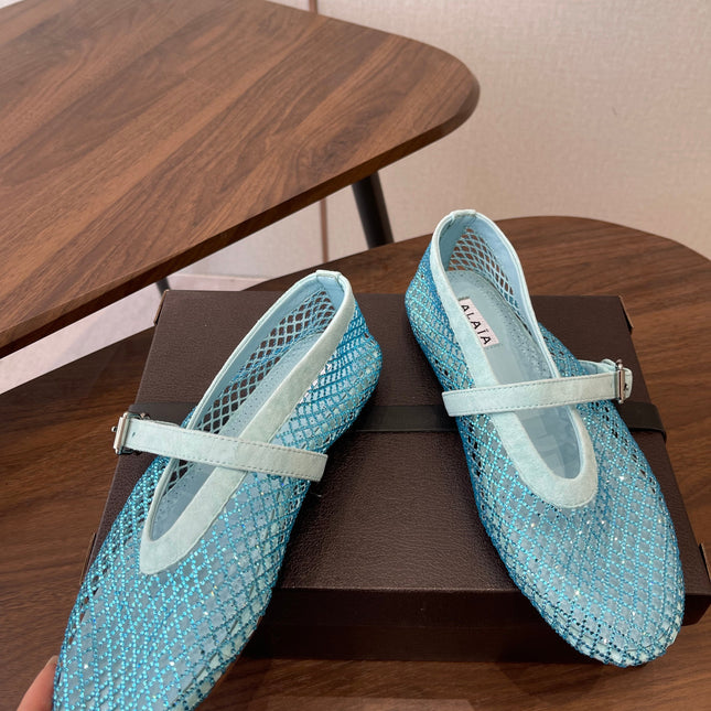 ALAIA 26S MESH FLATS IN BLUE SUEDE RHINESTONE-EMBELLISHED