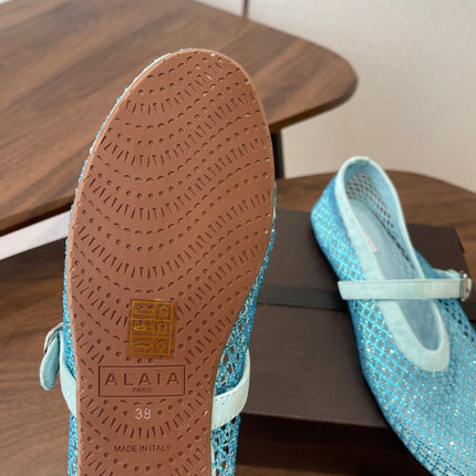 ALAIA 26S MESH FLATS IN BLUE SUEDE RHINESTONE-EMBELLISHED
