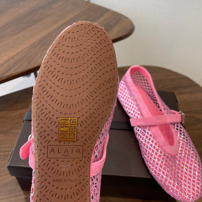 ALAIA 26S MESH FLATS IN PINK SUEDE RHINESTONE-EMBELLISHED