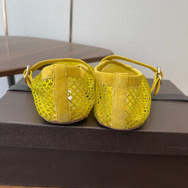 ALAIA 26S MESH FLATS IN DARK YELLOW SUEDE RHINESTONE-EMBELLISHED
