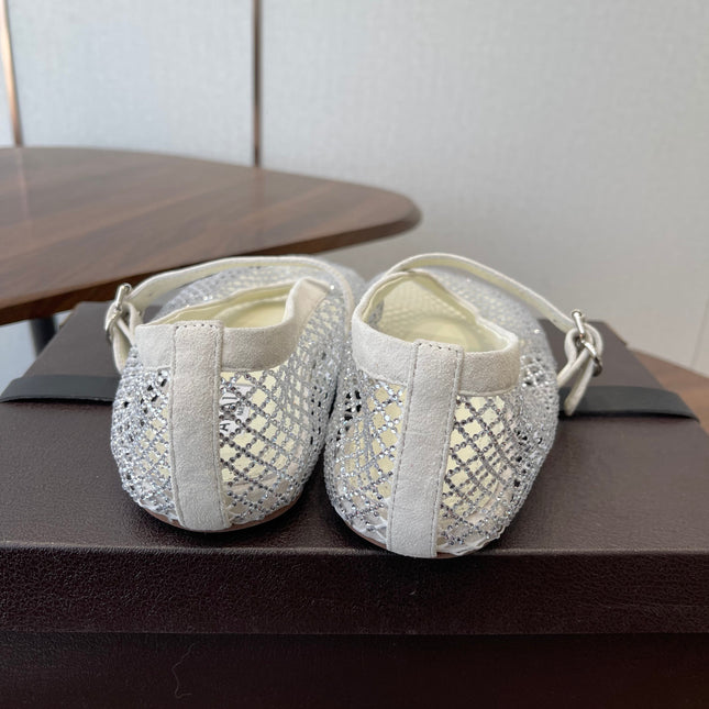 ALAIA 26S MESH FLATS IN WHITE SUEDE RHINESTONE-EMBELLISHED