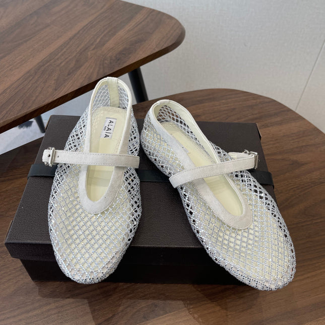 ALAIA 26S MESH FLATS IN WHITE SUEDE RHINESTONE-EMBELLISHED