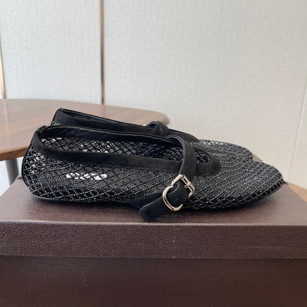 ALAIA 26S MESH FLATS IN BLACK SUEDE RHINESTONE-EMBELLISHED