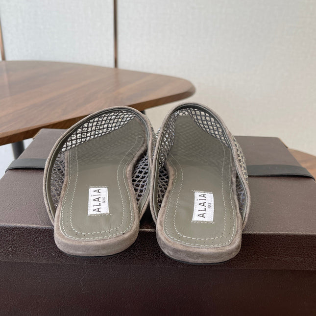 ALAIA 26S FLAT MULES IN DARK GREY SUEDE AND MESH RHINESTONE-EMBELLISHED