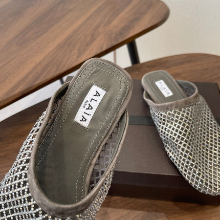 ALAIA 26S FLAT MULES IN DARK GREY SUEDE AND MESH RHINESTONE-EMBELLISHED