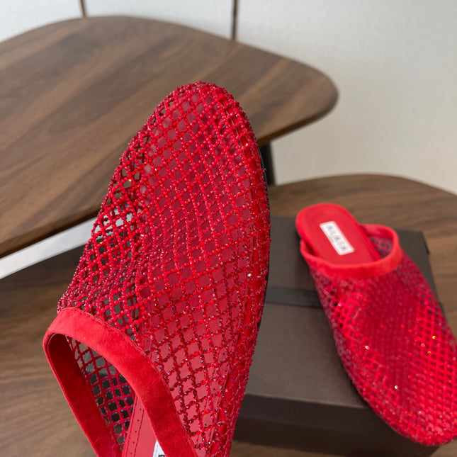 ALAIA 26S FLAT MULES IN RED SUEDE AND MESH RHINESTONE-EMBELLISHED