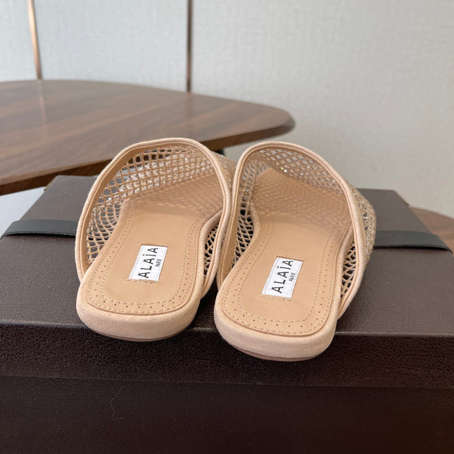 ALAIA 26S FLAT MULES IN BEIGE SUEDE AND MESH RHINESTONE-EMBELLISHED