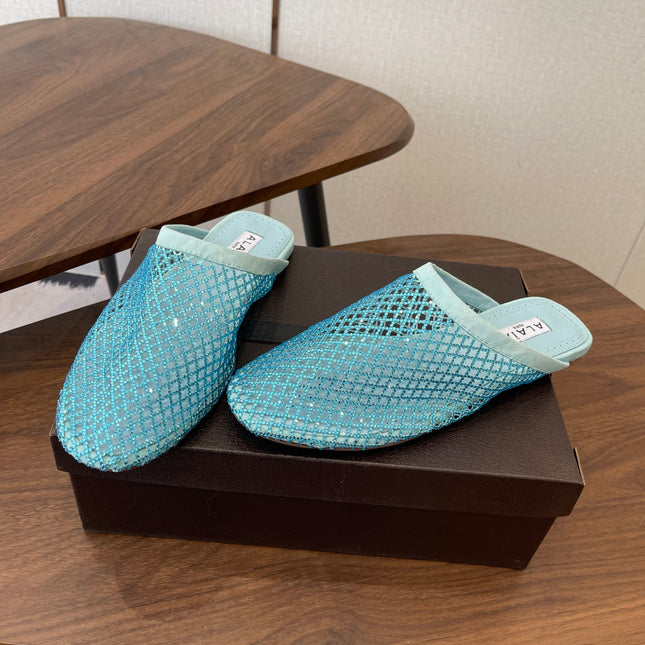 ALAIA 26S FLAT MULES IN BLUE SUEDE AND MESH RHINESTONE-EMBELLISHED