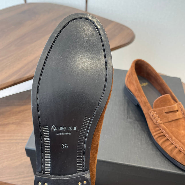 YSL 26S LOAFER IN BURNT ORANGE BROWN SUEDE