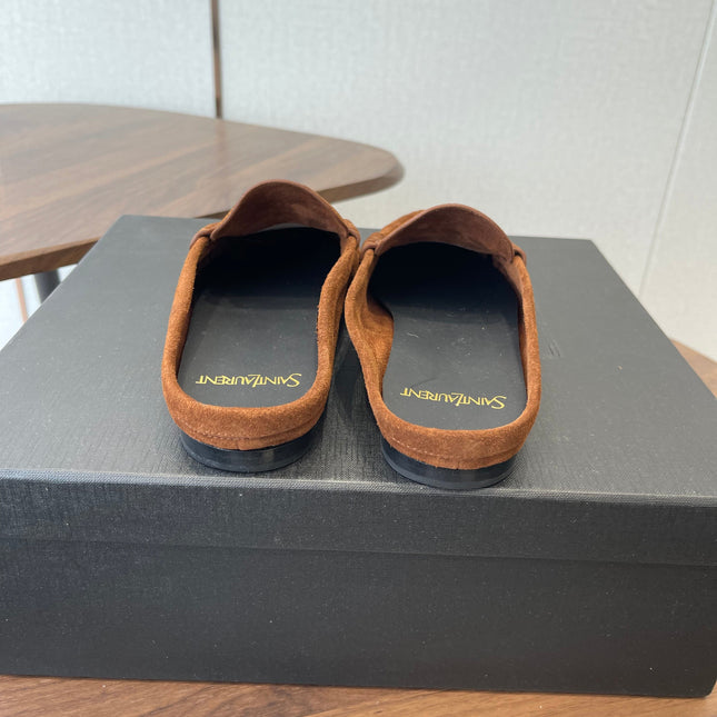 YSL 26S LOAFER MULES IN BURNT ORANGE BROWN SUEDE