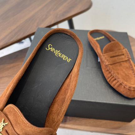 YSL 26S LOAFER MULES IN BURNT ORANGE BROWN SUEDE
