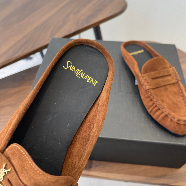 YSL 26S LOAFER MULES IN BURNT ORANGE BROWN SUEDE
