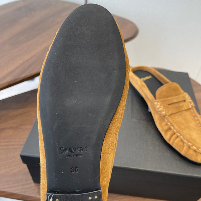 YSL 26S LOAFER MULES IN CAMEL BROWN SUEDE