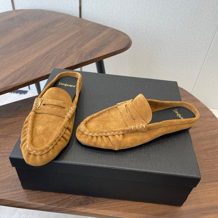 YSL 26S LOAFER MULES IN CAMEL BROWN SUEDE