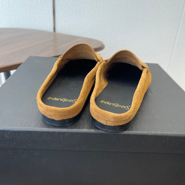 YSL 26S LOAFER MULES IN CAMEL BROWN SUEDE