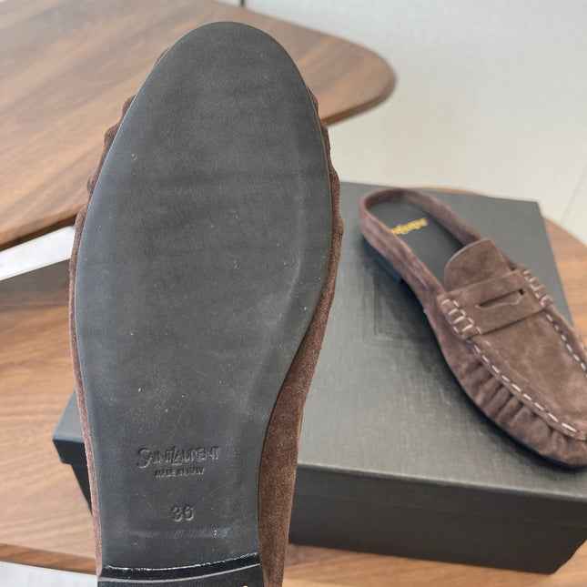 YSL 26S LOAFER MULES IN EARTH BROWN SUEDE