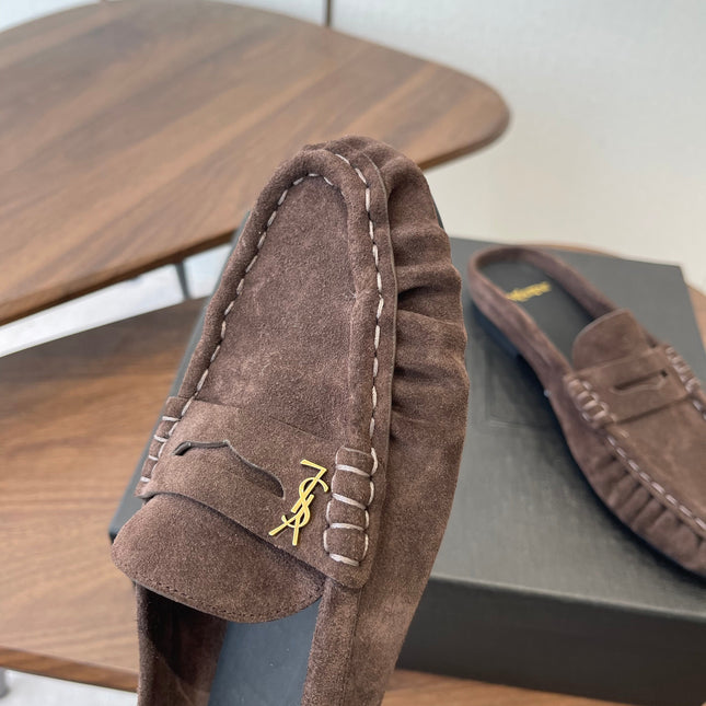 YSL 26S LOAFER MULES IN EARTH BROWN SUEDE