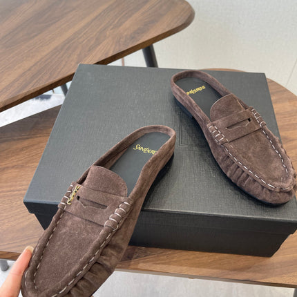 YSL 26S LOAFER MULES IN EARTH BROWN SUEDE