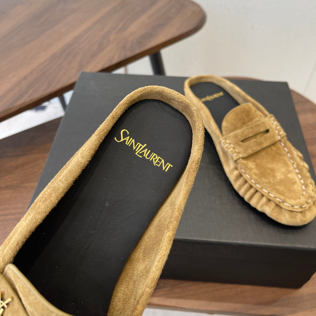 YSL 26S LOAFER MULES IN LIGHT BROWN SUEDE