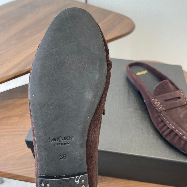 YSL 26S LOAFER MULES IN DARK PLUM BROWN SUEDE