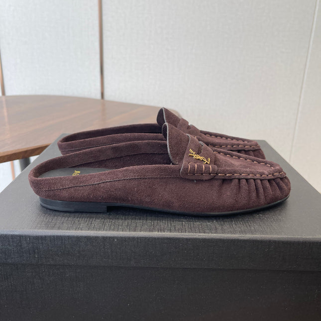 YSL 26S LOAFER MULES IN DARK PLUM BROWN SUEDE