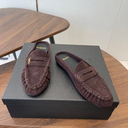 YSL 26S LOAFER MULES IN DARK PLUM BROWN SUEDE
