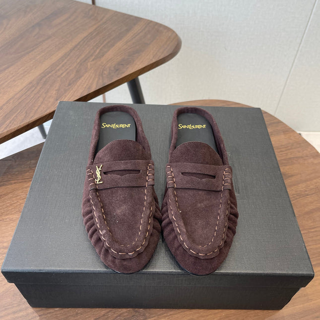 YSL 26S LOAFER MULES IN DARK PLUM BROWN SUEDE