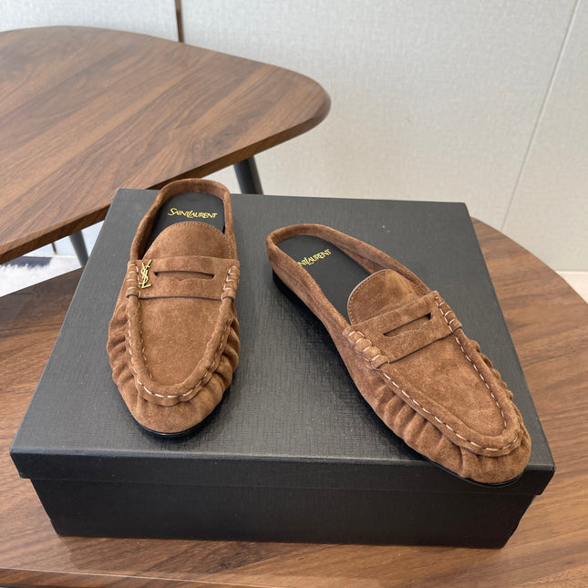 YSL 26S LOAFER MULES IN BROWN SUEDE