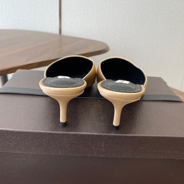 ALAIA 26S HEELED MULES 50 MM IN WARM BEIGE FABRIC