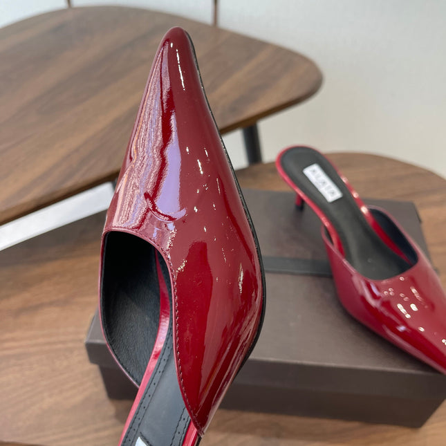 ALAIA 26S HEELED MULES 50 MM IN DARK RED GLOSSY CALFSKIN