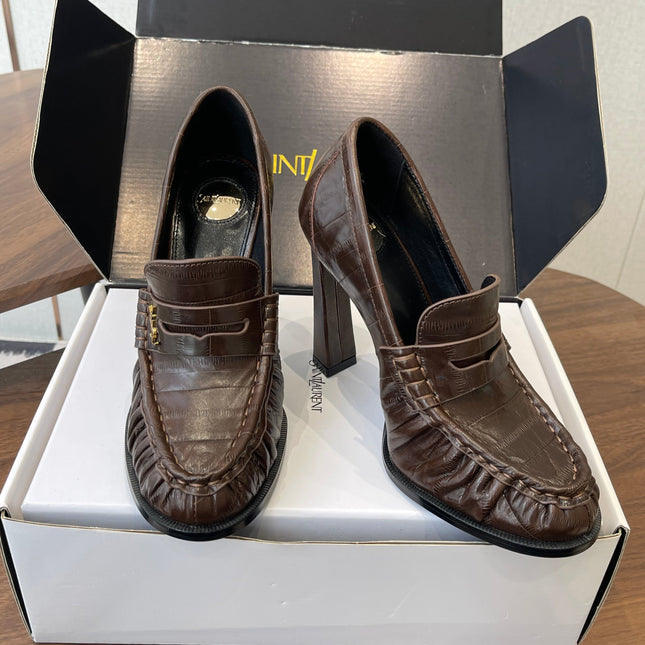 YSL 26S HEELED LOAFERS 100 MM IN DARK BROWN CALFSKIN