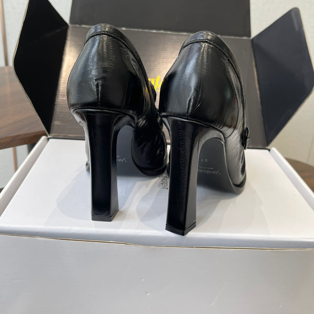 YSL 26S HEELED LOAFERS 100 MM IN BLACK SHINY CALFSKIN