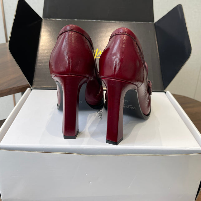 YSL 26S HEELED LOAFERS 100 MM IN DARK RED SHINY CALFSKIN