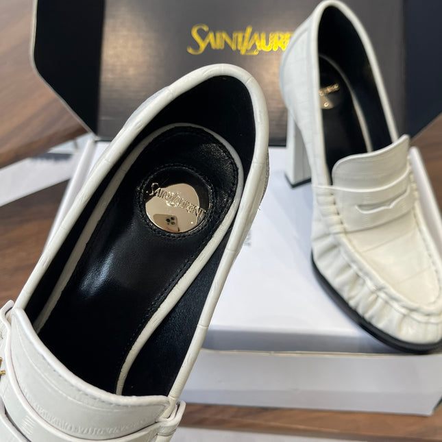 YSL 26S HEELED LOAFERS 100 MM IN WHITE CALFSKIN